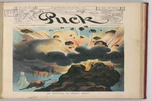 Ein aufgeschlagenes Buch auf einer weißen Oberfläche zeigt eine Karikatur eines besorgten Mannes und einer Frau, umgeben von fetter Schrift und anderen Bildern.