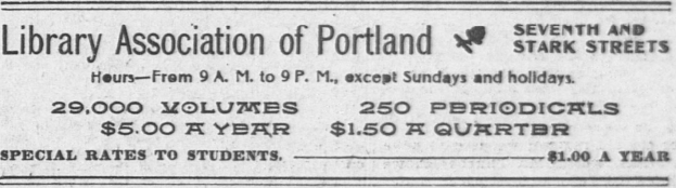 Eine Schwarz-Weiß-Anzeige für die Portland Library Association, die Text enthält.