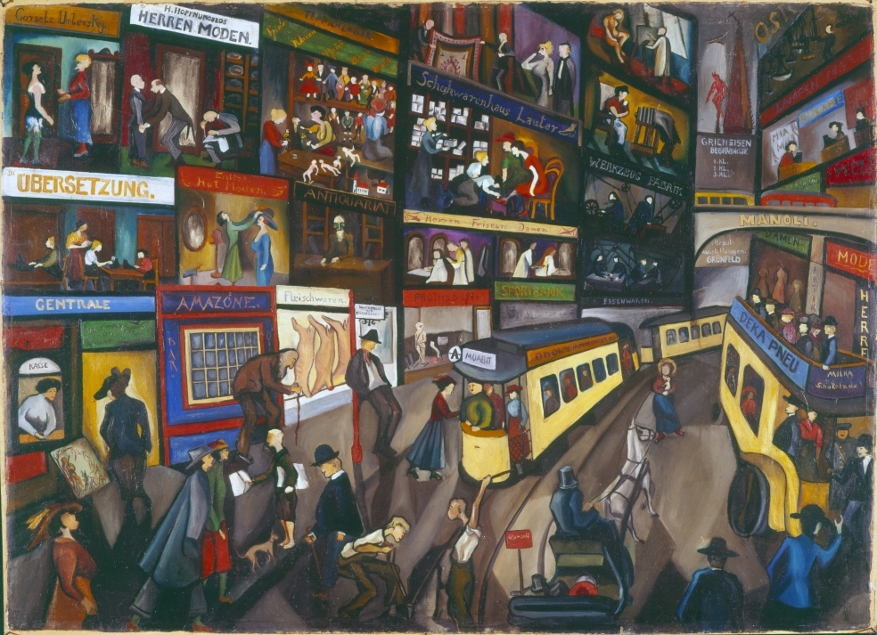 Ein Gemälde, das eine belebte Stadtstraße mit Menschen, Fahrzeugen, Gebäuden und verschiedenen Geschäften und Schildern zeigt.