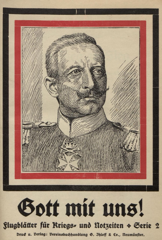 Ein altes Buch mit einer Zeichnung eines Mannes in militärischer Uniform und den Worten "Gott mit uns" am unteren Rand, identifiziert als Adolf Hitler durch den Buchtitel.