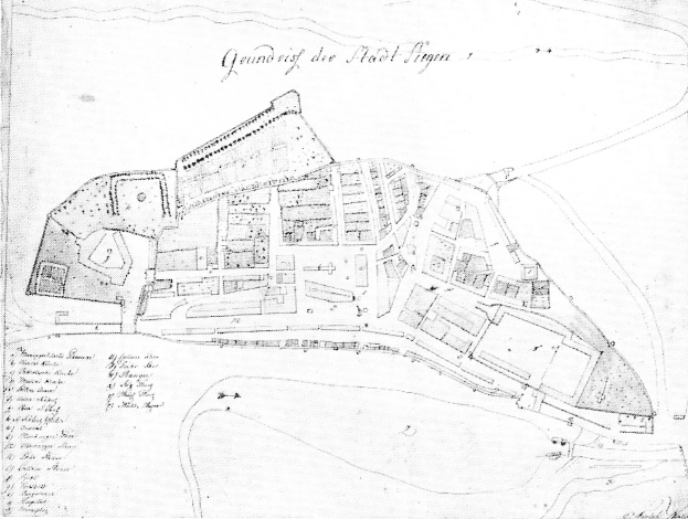 Schwarz-weiß-Karte von Stadt Sigra, Deutschland, zeigt einen detaillierten Aufbau von Gebäuden und Straßen mit TextAnnotation.