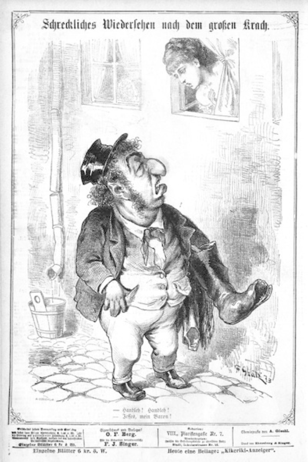 Cartoon eines Mannes mit Zylinder und einer Frau in einem Kleid vor einer Wand, einem Fenster, einem Eimer und anderen Gegenständen im Hintergrund, mit Text unten: "F. J. Singer, der erste deutsche Politiker, der in den Kongress gewählt wurde."