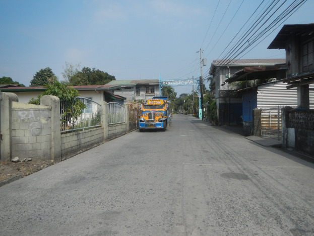 Ein gelber Schulbus fährt eine Straße entlang, die von Häusern gesäumt ist, mit Bäumen, Pfählen, Drähten und einem klaren blauen Himmel im Hintergrund.