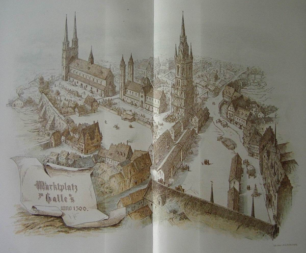 Offenes Buch mit detaillierter Zeichnung des Marktplatzes in Galle, Deutschland, mit Gebäuden und handgeschriebener Text auf den Seiten.