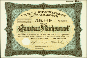Eine alte deutsche Banknote mit schwarzem Rand, die ein Porträt eines Mannes und den Text "Deutsche Hypothekenbank Aktiengesellschaft" zeigt.