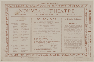 Eine alte Zeitungsannonce für das Nouveau Theatre in Boulton, Frankreich, mit Text über die Theaterangebote.