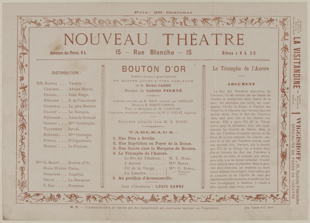 Eine alte Zeitungsannonce für das Nouveau Theatre in Boulton, Frankreich, mit Text über die Theaterangebote.