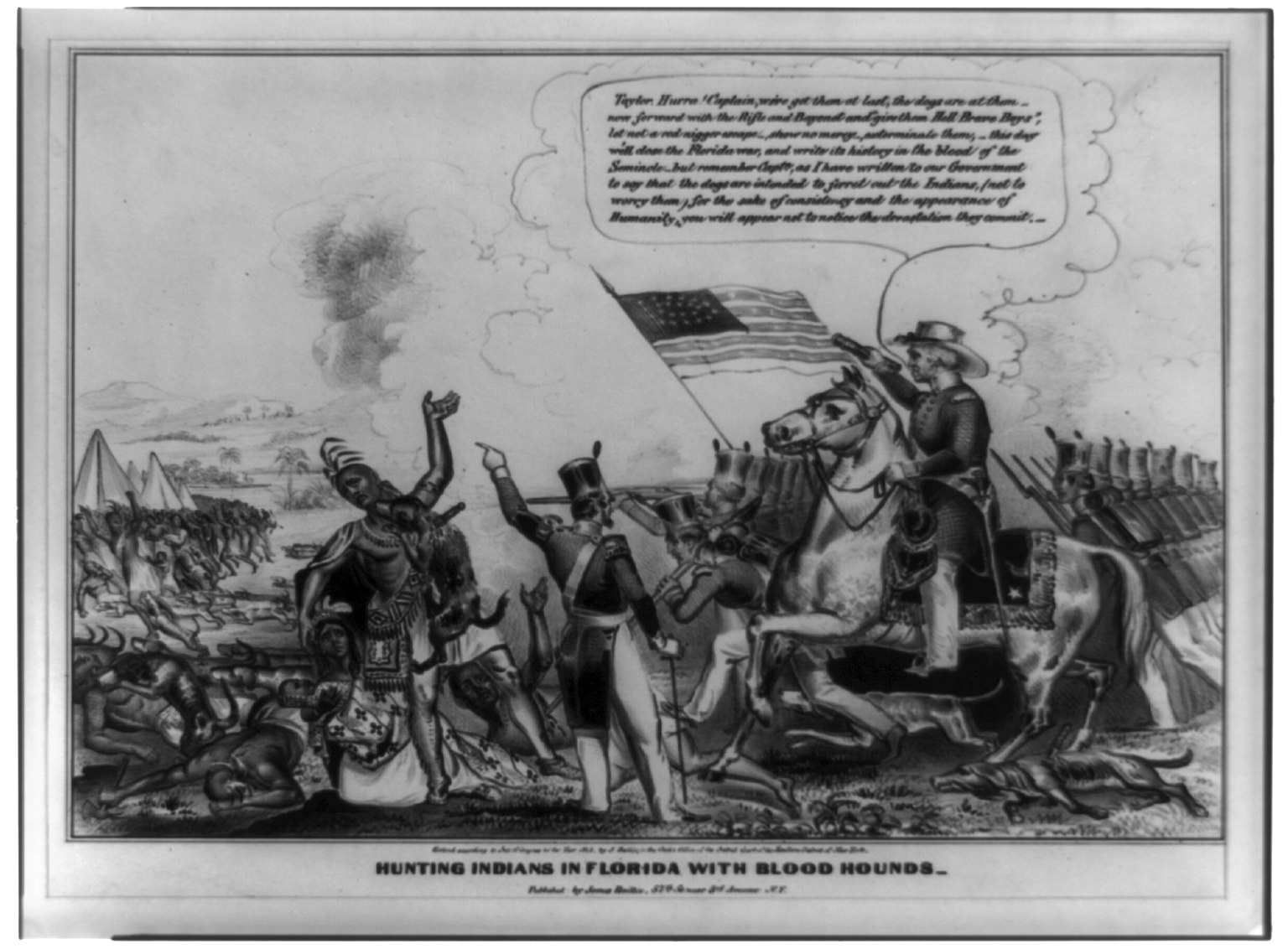 Schwarzes und weißes Bild einer Gruppe von Menschen, einige auf Pferden, mit einer Flagge im Hintergrund und Text, der unten 'Indianerjagd in Florida mit Bluthunden' liest.