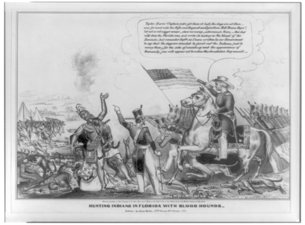 Schwarzes und weißes Bild einer Gruppe von Menschen, einige auf Pferden, mit einer Flagge im Hintergrund und Text, der unten 'Indianerjagd in Florida mit Bluthunden' liest.