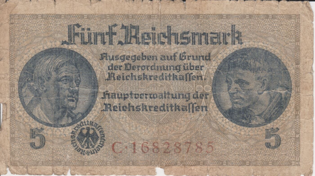 Alte deutsche 5 Reichsmark-Banknote mit Porträt eines Mannes, ausgegeben in Deutschland.