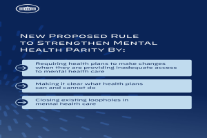 Ein blauer Hintergrund mit weißer Schrift und einem weißen Kreis-Logo mit einer blauen Umrandung, das eine neue Regel zur Stärkung der mentalen Gesundheit vorschlägt.