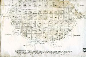 Ein detaillierter alter Stadtplan von Berlin, Deutschland, auf einem schwarzen Hintergrund, der Straßen, Gebäude und Sehenswürdigkeiten zeigt, mit Text, der zusätzliche Informationen bereitstellt.