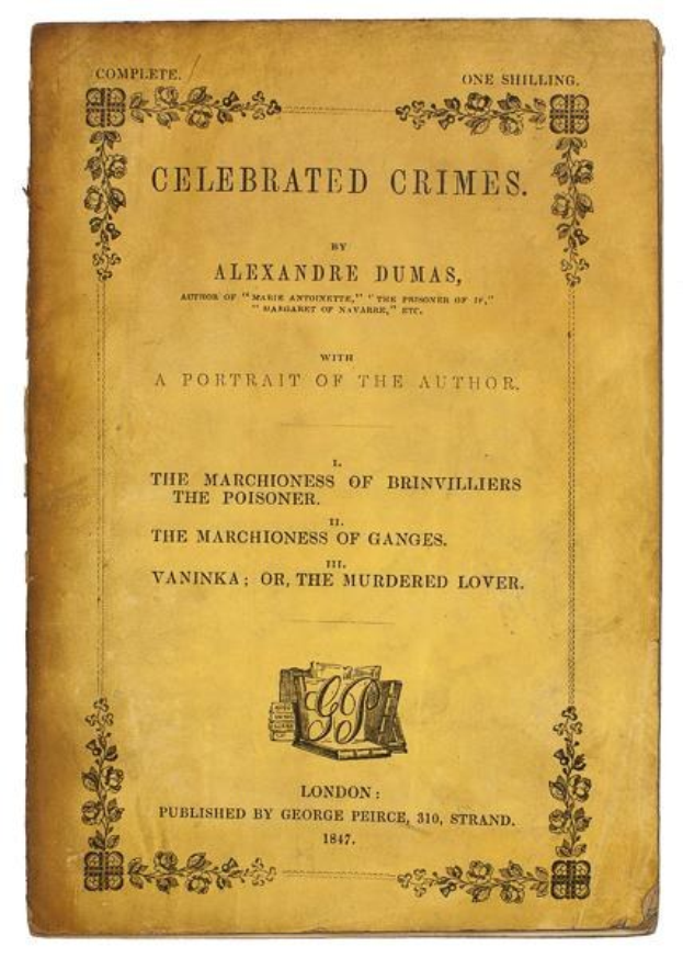 Ein altes Buch namens "Berühmte Verbrechen" von Alexandre Dumas mit einem Porträt des Autors und kunstvollen Verzierungen auf dem Cover.