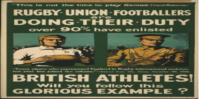 Ein Vintage-Plakat mit zwei Rugby-Union-Fußballern, die ihren Eintritt in den Dienst ankündigen und darauf hinweisen, dass über 90 % der britischen Athleten eingezogen sind.