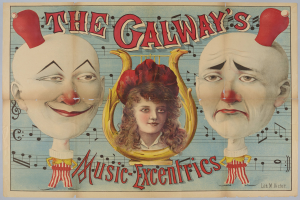 Ein Plakat für die Musik-Exzentriker von Galway, das eine Frau in der Mitte flankiert von zwei Clowns zeigt, mit Text, der das Zirkus und seine Künstler beschreibt.