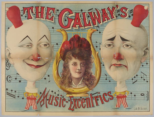 Ein Plakat für die Musik-Exzentriker von Galway, das eine Frau in der Mitte flankiert von zwei Clowns zeigt, mit Text, der das Zirkus und seine Künstler beschreibt.