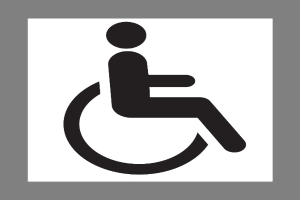 Schwarzes und weißes Barrierefreiheitssymbol mit einer Person im Rollstuhl auf grauem Hintergrund.