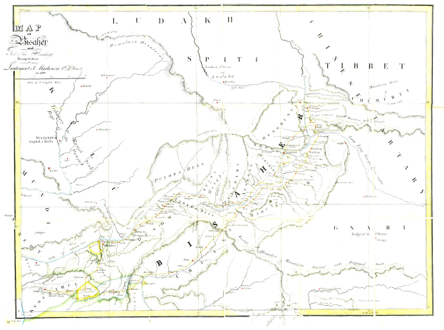 Eine Karte des britischen Reichs aus dem 19. Jahrhundert, die die Himalaya-Gebirge hervorhebt und detaillierte Textanmerkungen enthält.