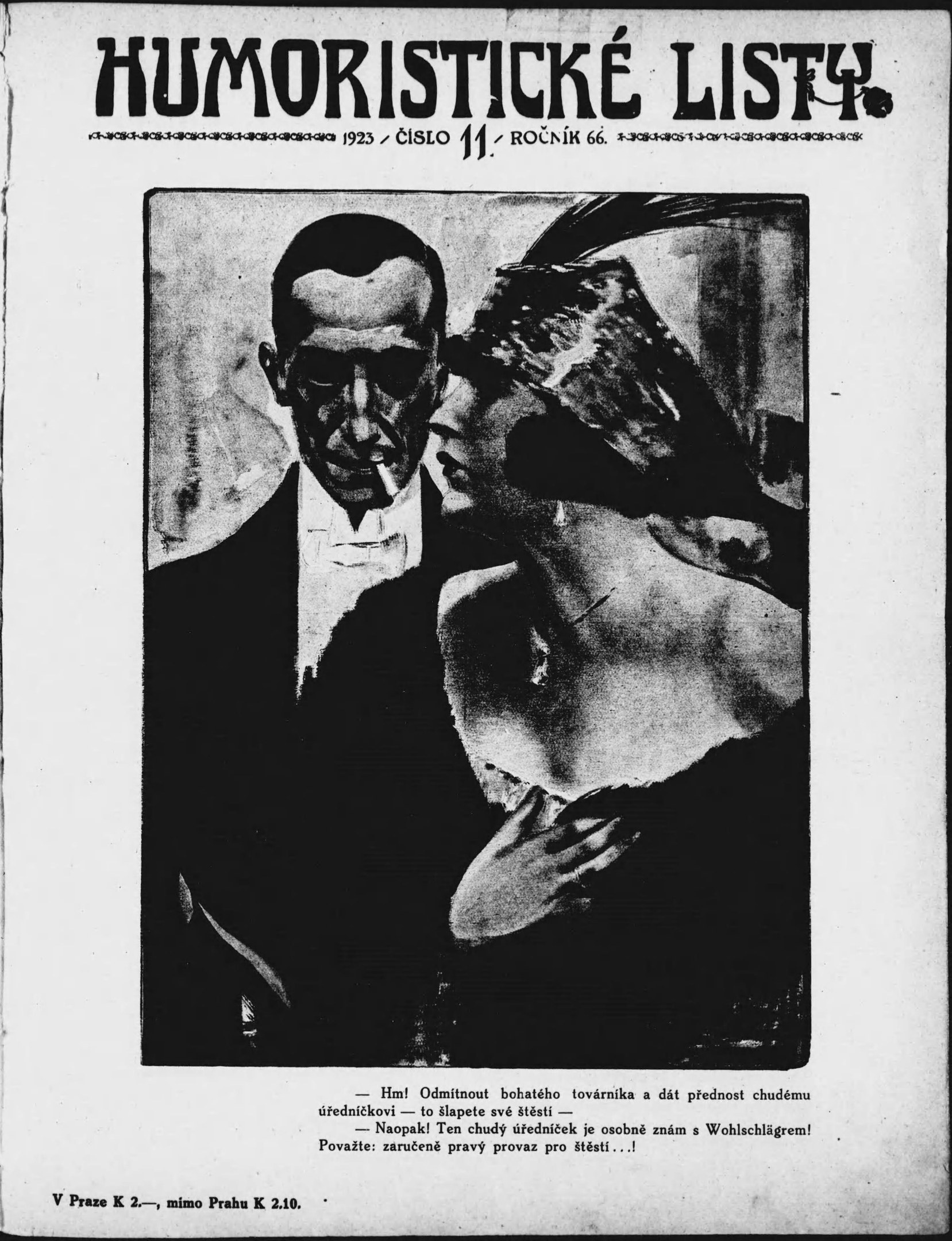 Schwarz-weißes Magazin-Cover mit der Aufschrift 'Humoristische Liste', das einen Mann im Anzug mit ernster Miene und eine Frau zeigt, die wegsieht und schmunzelt.