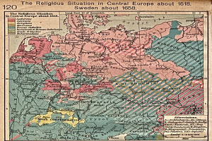 Eine historische Karte von Mitteleuropa aus dem Jahr 1618, die die religiöse Landschaft der Region detailliert abbildet.