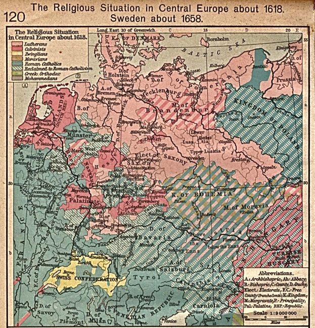 Eine historische Karte von Mitteleuropa aus dem Jahr 1618, die die religiöse Landschaft der Region detailliert abbildet.