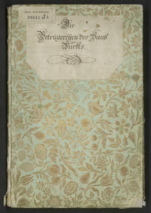 Ein altes Buch mit einem floralen Design auf dem Cover, betitelt mit "Die Betrugereierten der Bank fürs" vor einem schwarzen Hintergrund.