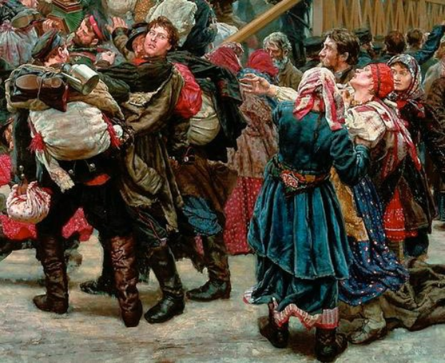 Gemälde, das eine Gruppe von Menschen in traditioneller russischer Kleidung tanzt, einige halten Gegenstände, vor einer Menge mit einem hölzernen Haus im Hintergrund, das eine lebhafte Szene aus der russischen Revolution darstellt.