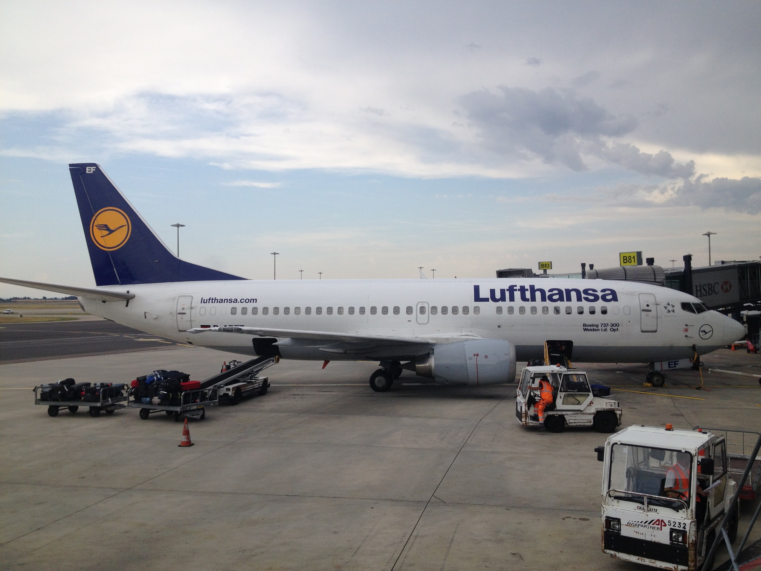 Lufthansa Airbus A320-200 Flugzeug am Frankfurt Airport mit Bodenfahrzeugen, Verkehrskegeln und Beschilderung im Hintergrund.