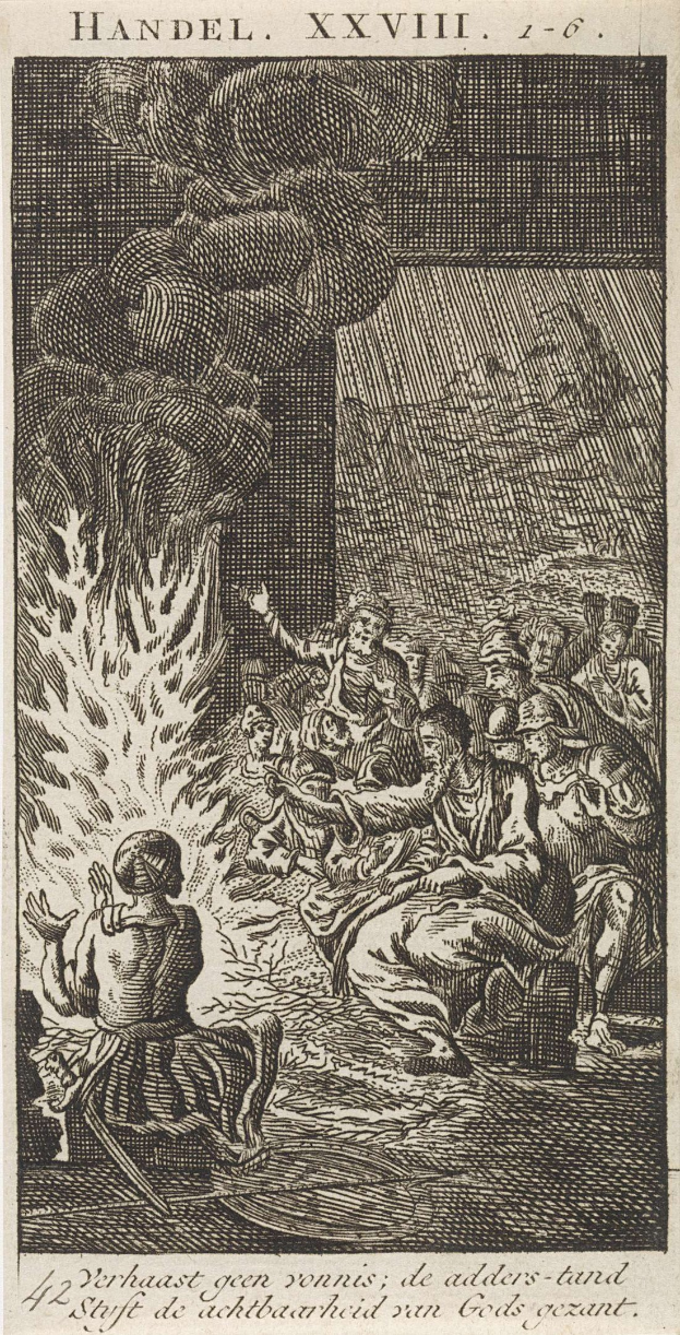 Schwarze und weiße Gravur von besorgten Menschen um ein helles Feuer versammelt, mit Text oben und unten auf dem Papier.