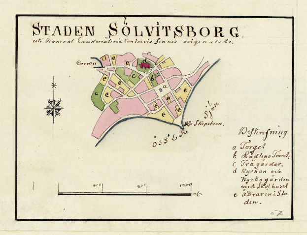 Detailierte Karte der Stadt Staden Solvitsborg, Schweden, mit Straßen, Gebäuden und Sehenswürdigkeiten markiert auf Papier.