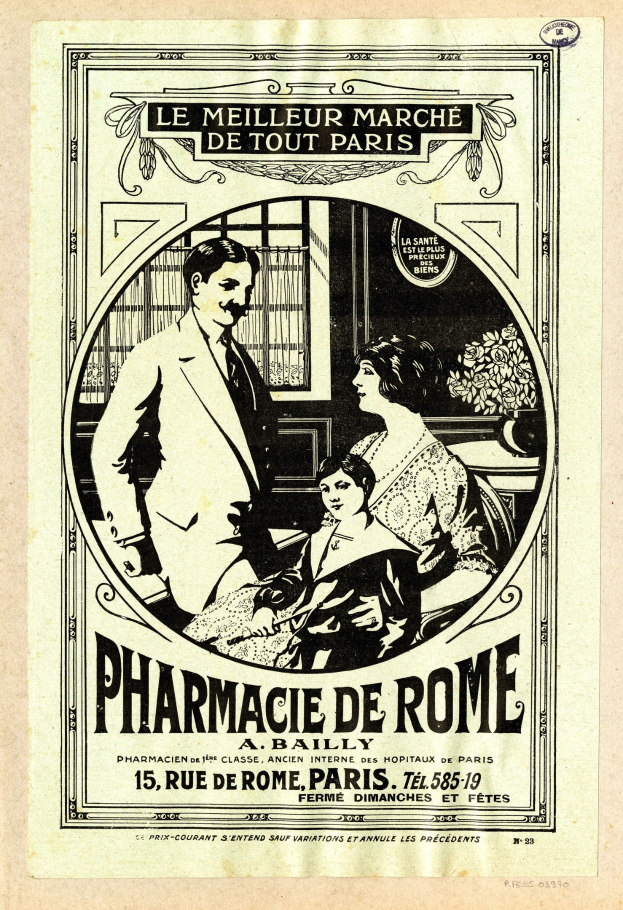 Schwarze und weiße Werbeplakat für eine Apotheke in Rom, das einen Mann und eine Frau zeigt, die nebeneinander stehen, mit Text, der die Apotheke und ihre Dienstleistungen beschreibt.