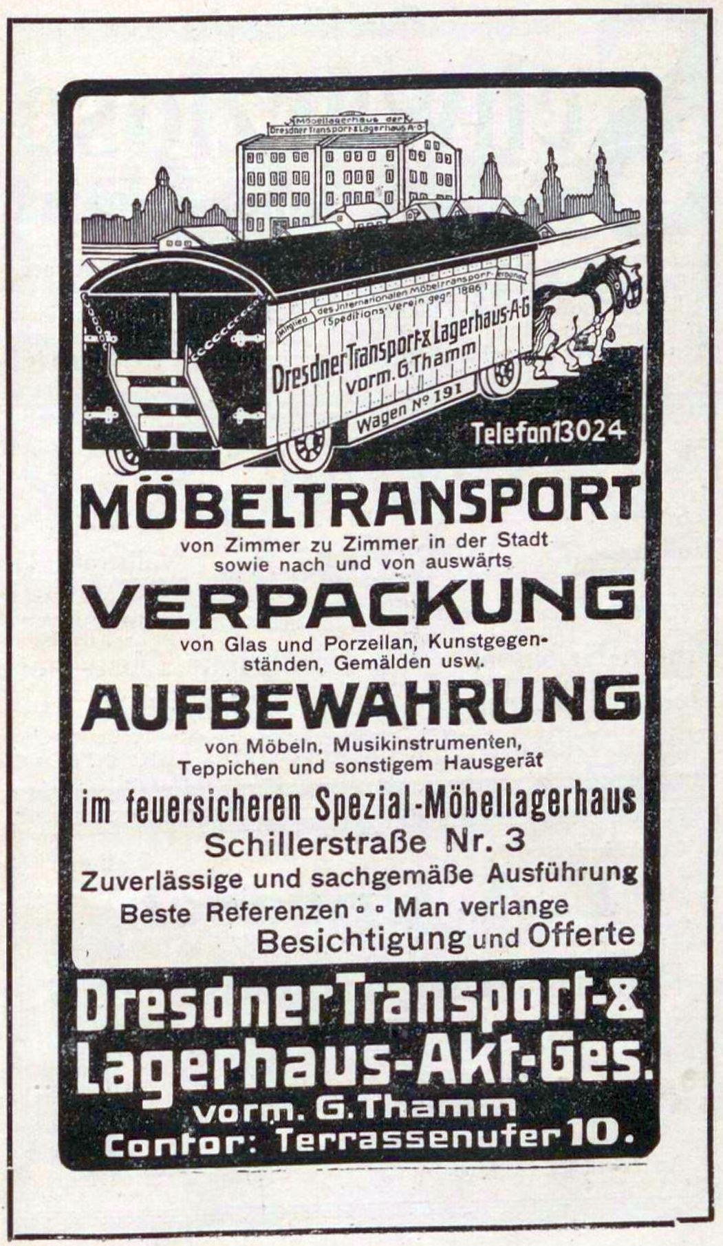 Anzeige für eine Bahn mit einem Bild einer Bahn, Text 'Dresdner Transport & Lagerhaus-Akt-Ges' und Gebäuden im Hintergrund.