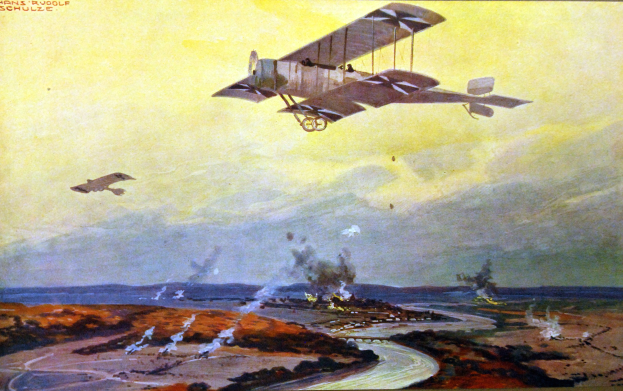 Ein Bild eines Wasserflugzeugs mit zwei anderen Flugzeugen im Hintergrund und Text oben.