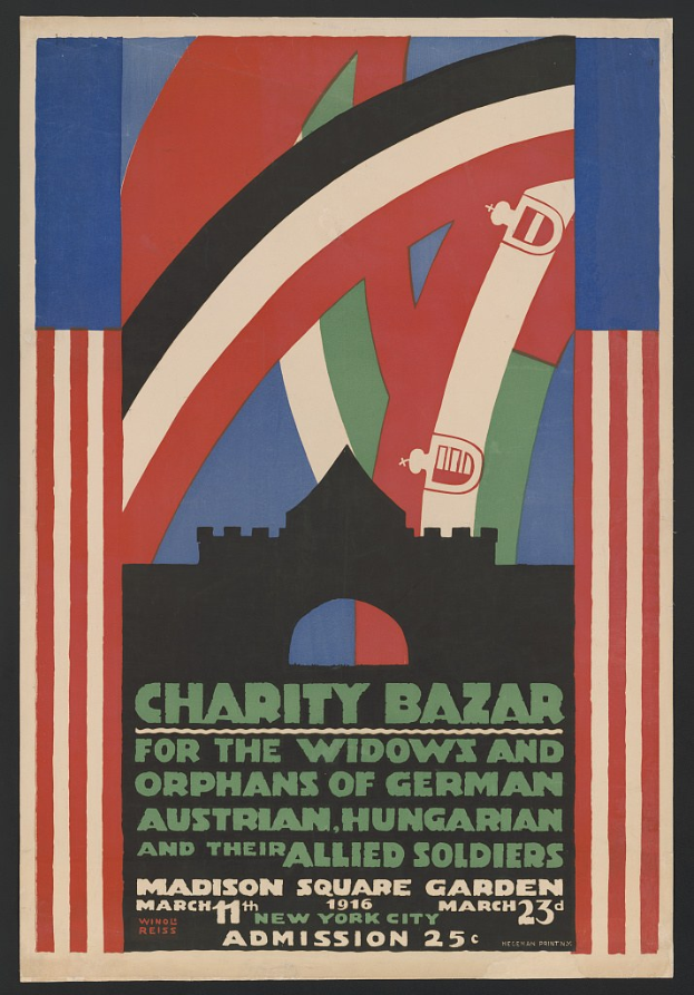 Plakat für Wohltätigkeitsbasar für Witwen und Waisen deutscher, australischer, ungarischer und alliierter Soldaten mit Text zu den Veranstaltungseinzelheiten.