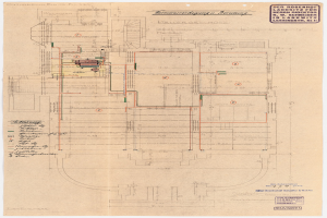 Schwarze und weiße architektonische Zeichnung des Rosenhof-Krankenhauses in Hamburg, Deutschland, die detaillierte Layouts mit zahlreichen Drähten, Zimmern, Fluren und Textanmerkungen zeigt.
