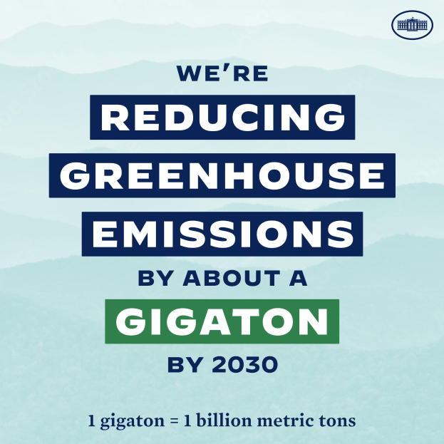 Plakat mit Text und Logo, das 'Wir reduzieren die Treibhausemissionen um etwa eine Gigatonne bis 2030'.