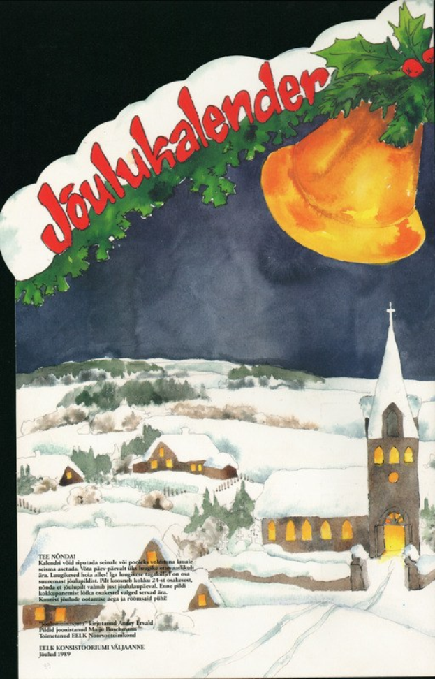 Weihnachtskarte-Plakat zeigt verschneites Dorf mit Kirche im Hintergrund, eine Glocke an einem geschmückten Zweig und den Text "Joulukalender".