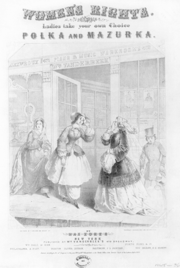 Ein Blatt mit einer Zeichnung von drei Frauen vor einem Gebäude, mit der Aufschrift "Frauenrechte: Ladies Take Your Own Choice, Polka und Mazurka" oben und unten.