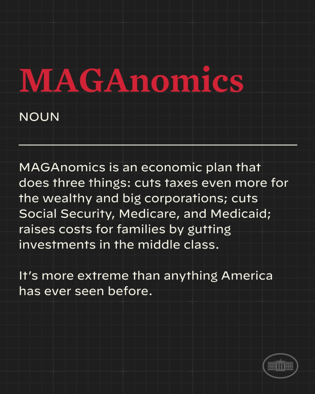 Plakat mit fettem schwarzem Text auf einem weißen Hintergrund, eingerahmt von einem schmalen schwarzen Rand, das "Maganomics: Ein Wirtschaftsplan, der drei Dinge tut: Senkt Steuern sogar noch mehr für die Reichen und große Unternehmen." zeigt.