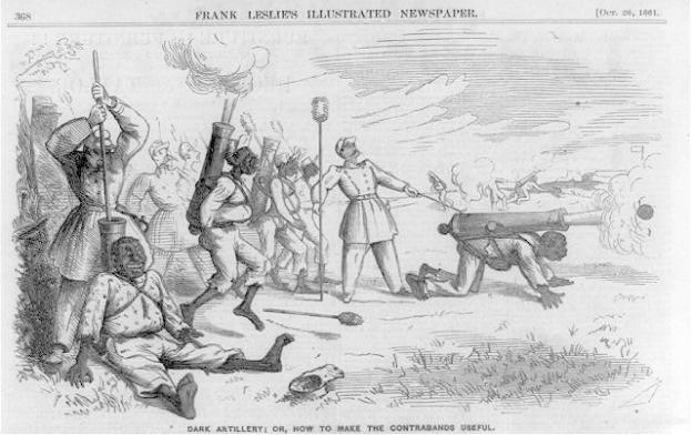 Ein Schwarz-Weiß-Cartoon von Männern in einem Feld, einige halten Gewehre und andere liegen am Boden, mit Text oben und unten, der 'Dunkle Artillerie oder Wie man die Kontrabandware nutzt' lautet.