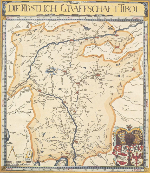 Plakat einer historischen Karte der ersten Grafschaft Tirol mit geografischen Merkmalen wie Flüssen, Bergen und Städten sowie begleitendem Text.