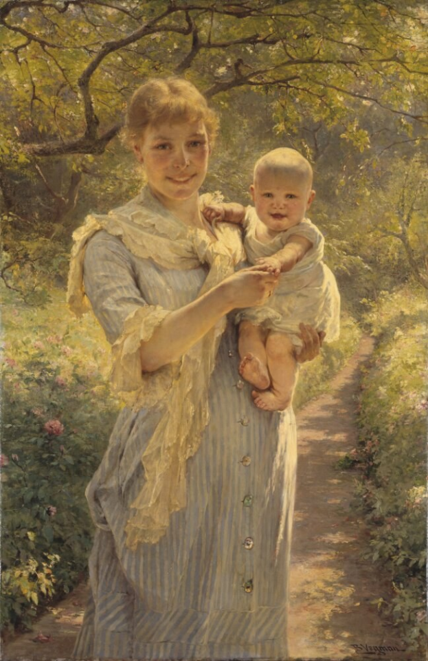 Eine Frau, die glücklich ist und ein Baby hält, umgeben von Bäumen, Pflanzen und leuchtenden Blumen.