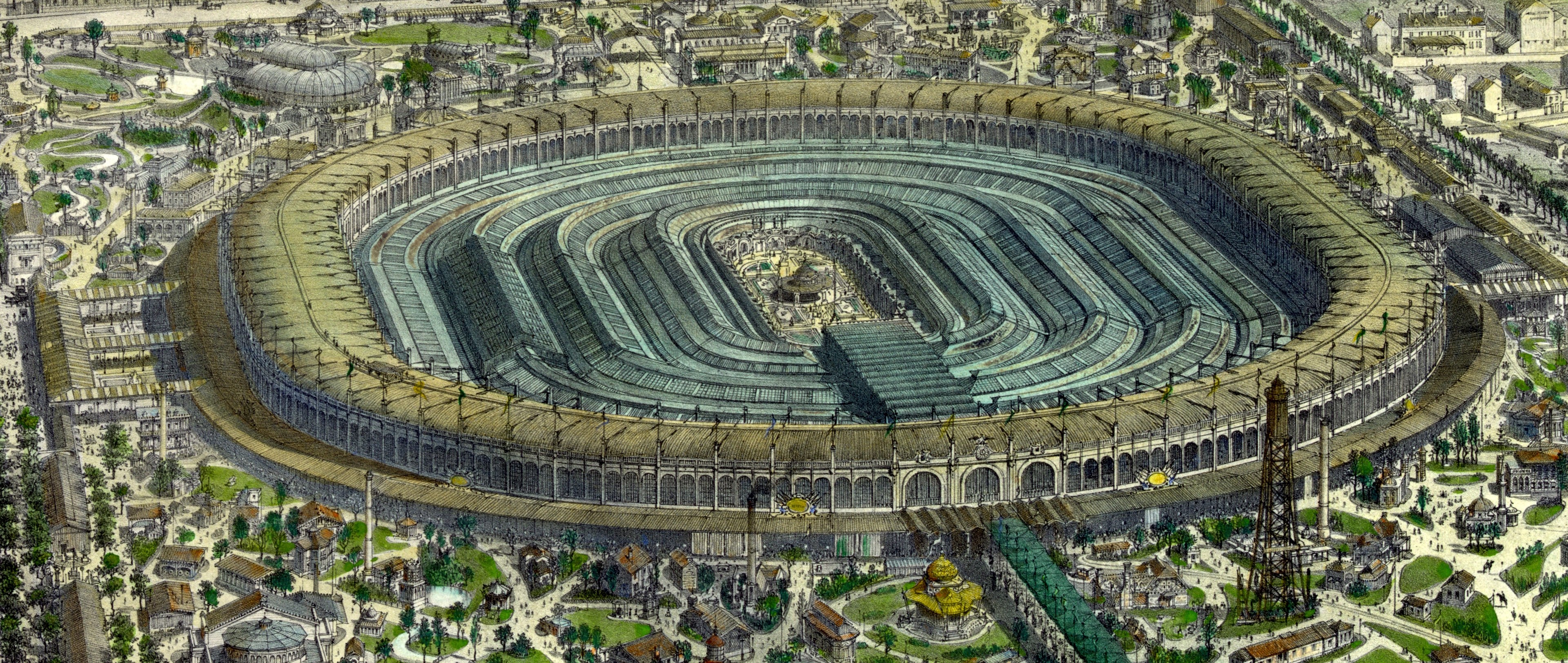 Luftaufnahme eines großen Stadions umgeben von Stadtgebäuden, Bäumen und Gras.