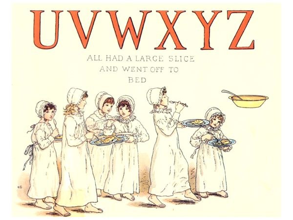 Eine Gruppe von Menschen mit Tellern voller Essen, einem Schüsselchen und Löffel auf der rechten Seite und dem Text "Uwxyz - Alle hatten ein großes Stück und gingen ins Bett" oben.