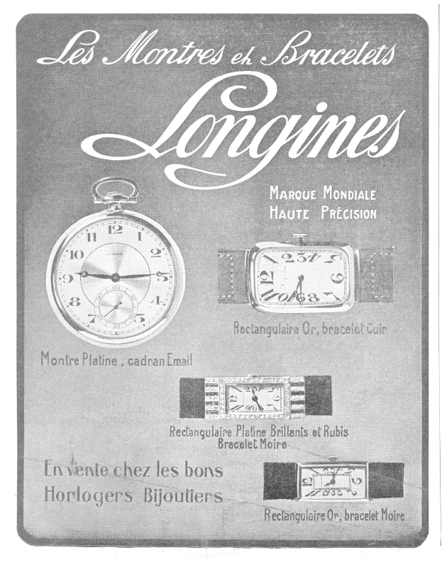 Vintage 1920s Longines watch advertisement poster with muted blue and grey tones, featuring detailed watch illustrations and classic serif typography.