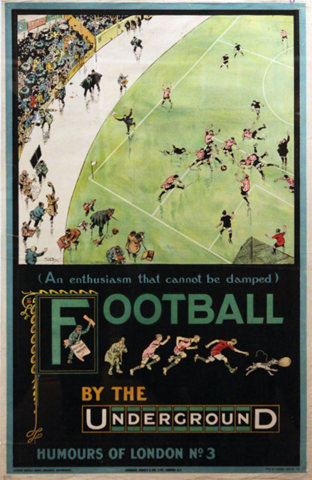 Ein Vintage-Plakat, das ein Fußballspiel mit dem Titel "Football by the Underground - Humours of London No. 3" bewirbt, zeigt Zuschauer in einem Stadion.