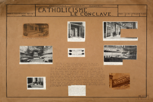 Ein Buch mit Bildern und Texten, das die Geschichte der katholischen Kirche dokumentiert, einschließlich Bilder von ihren Räumen, Fluren und erhaltenen Artefakten.