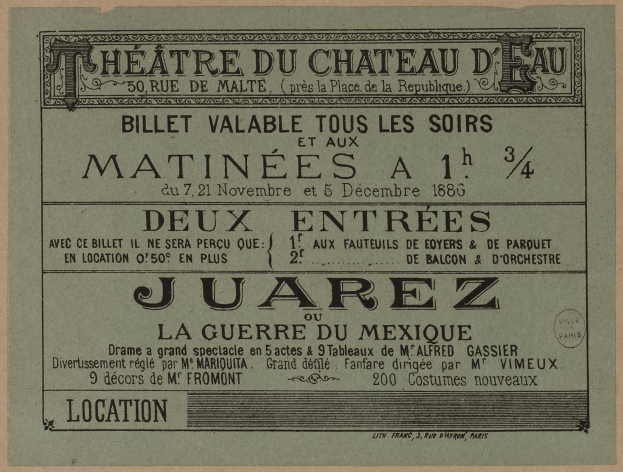 Schwarz-weiß-Ticket für das Theatre du Chateau d'Eau in Juarez, Mexiko mit gedrucktem Text.