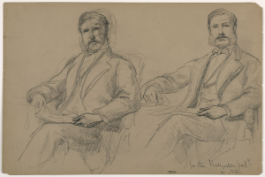 Zwei Männer in Anzügen sitzen nebeneinander auf Stühlen und blicken ernst auf ein Papier mit teilweise sichtbarem Text.