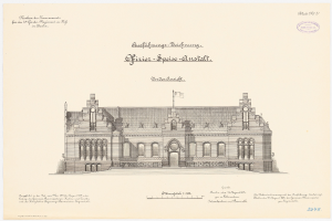 Schwarz-weiß-Zeichnung des Reichstagsgebäudes, des Hauptsaals des Deutschen Parlaments in Berlin, gekrönt von einer Flagge, begleitet von Text.